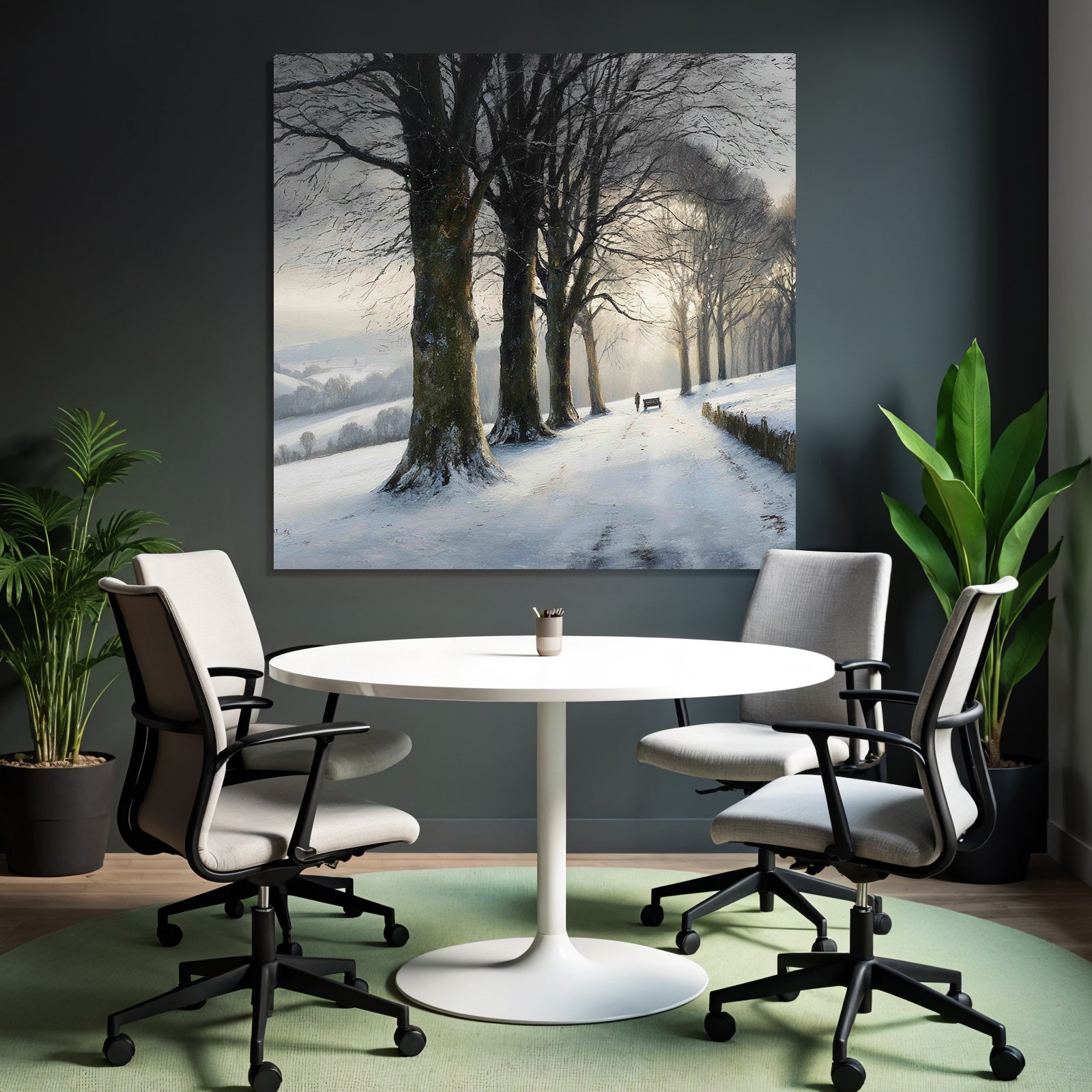 Friedliche Winterlandschaft Verschneiter Weg Mit Bank Und Spaziergänger