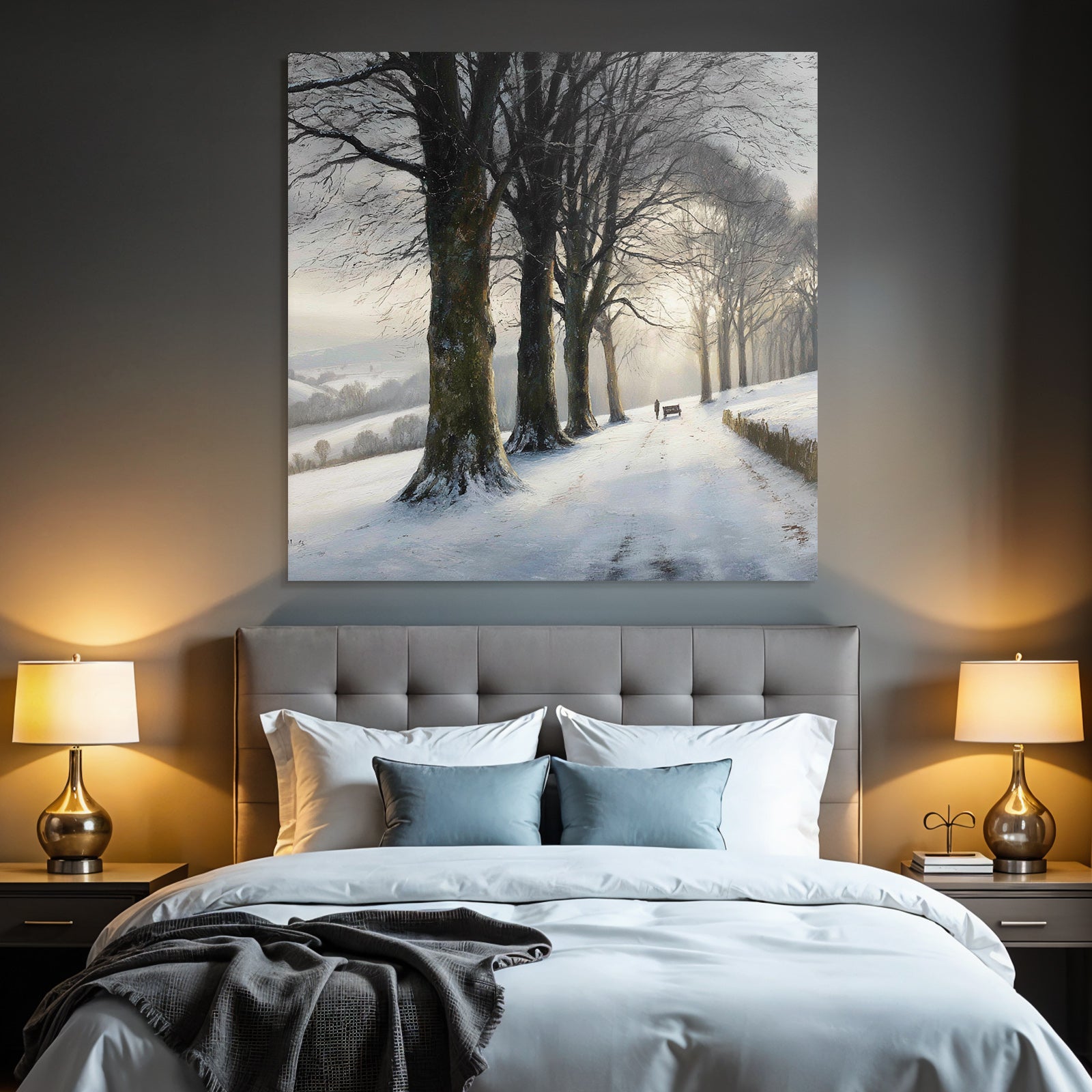 Friedliche Winterlandschaft Verschneiter Weg Mit Bank Und Spaziergänger