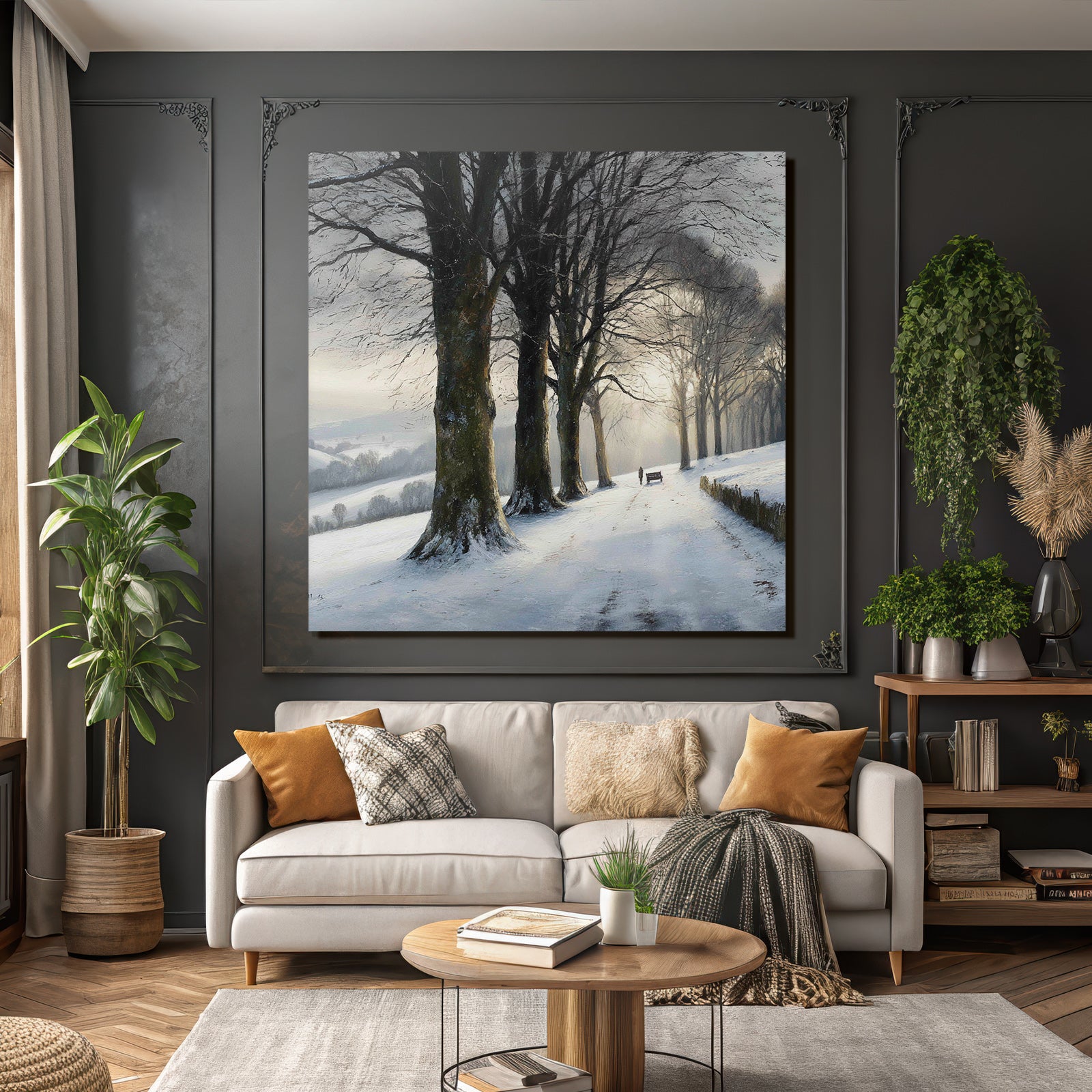Friedliche Winterlandschaft Verschneiter Weg Mit Bank Und Spaziergänger