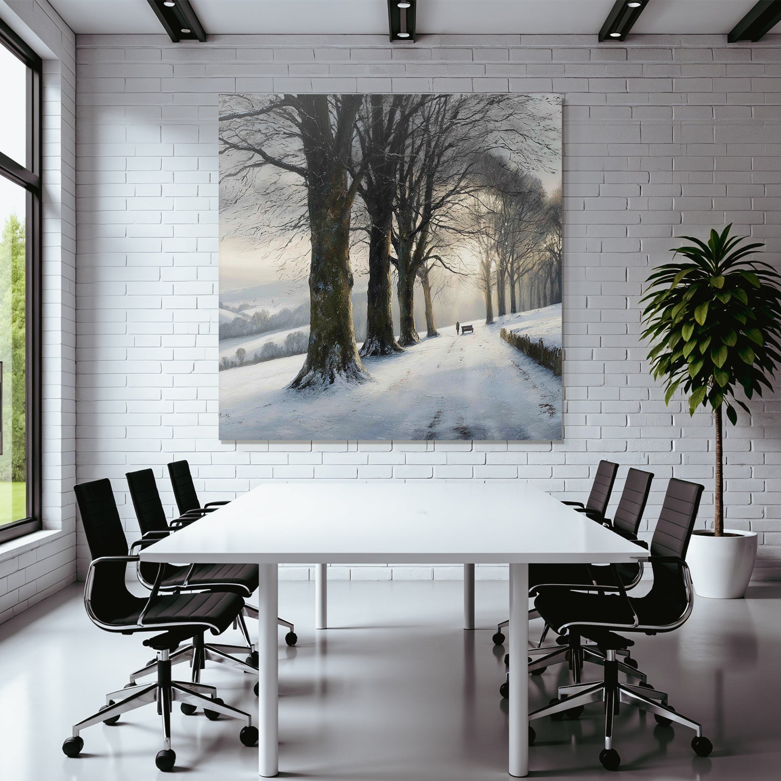 Friedliche Winterlandschaft Verschneiter Weg Mit Bank Und Spaziergänger