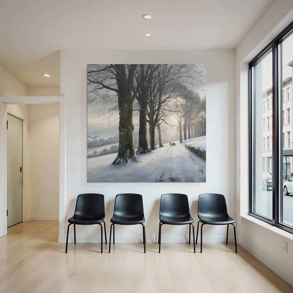 Friedliche Winterlandschaft Verschneiter Weg Mit Bank Und Spaziergänger