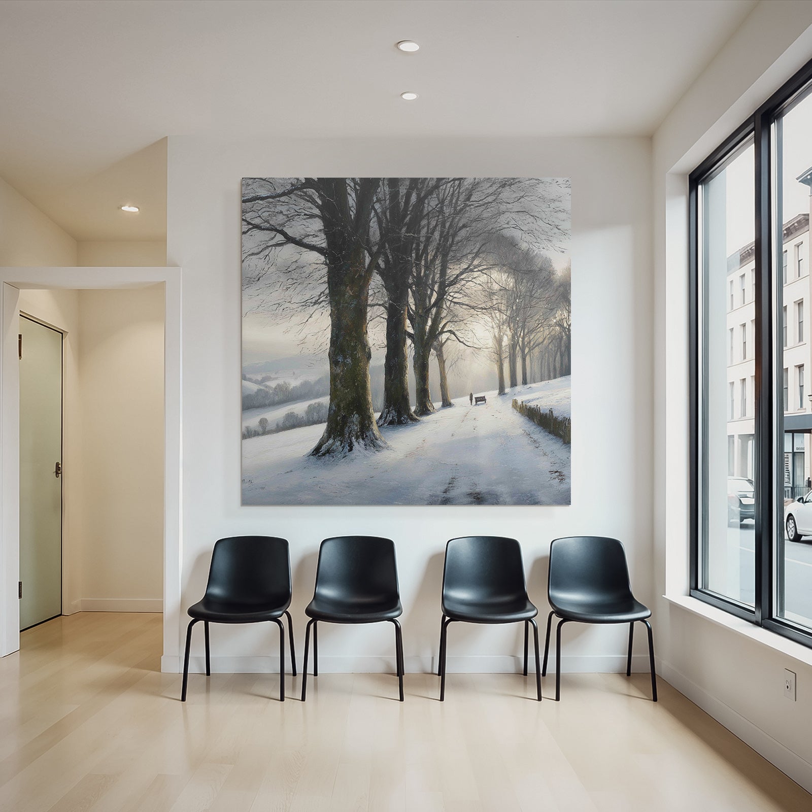 Friedliche Winterlandschaft Verschneiter Weg Mit Bank Und Spaziergänger