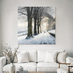 Friedliche Winterlandschaft Verschneiter Weg Mit Bank Und Spaziergänger