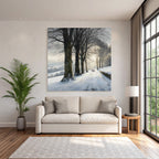 Friedliche Winterlandschaft Verschneiter Weg Mit Bank Und Spaziergänger