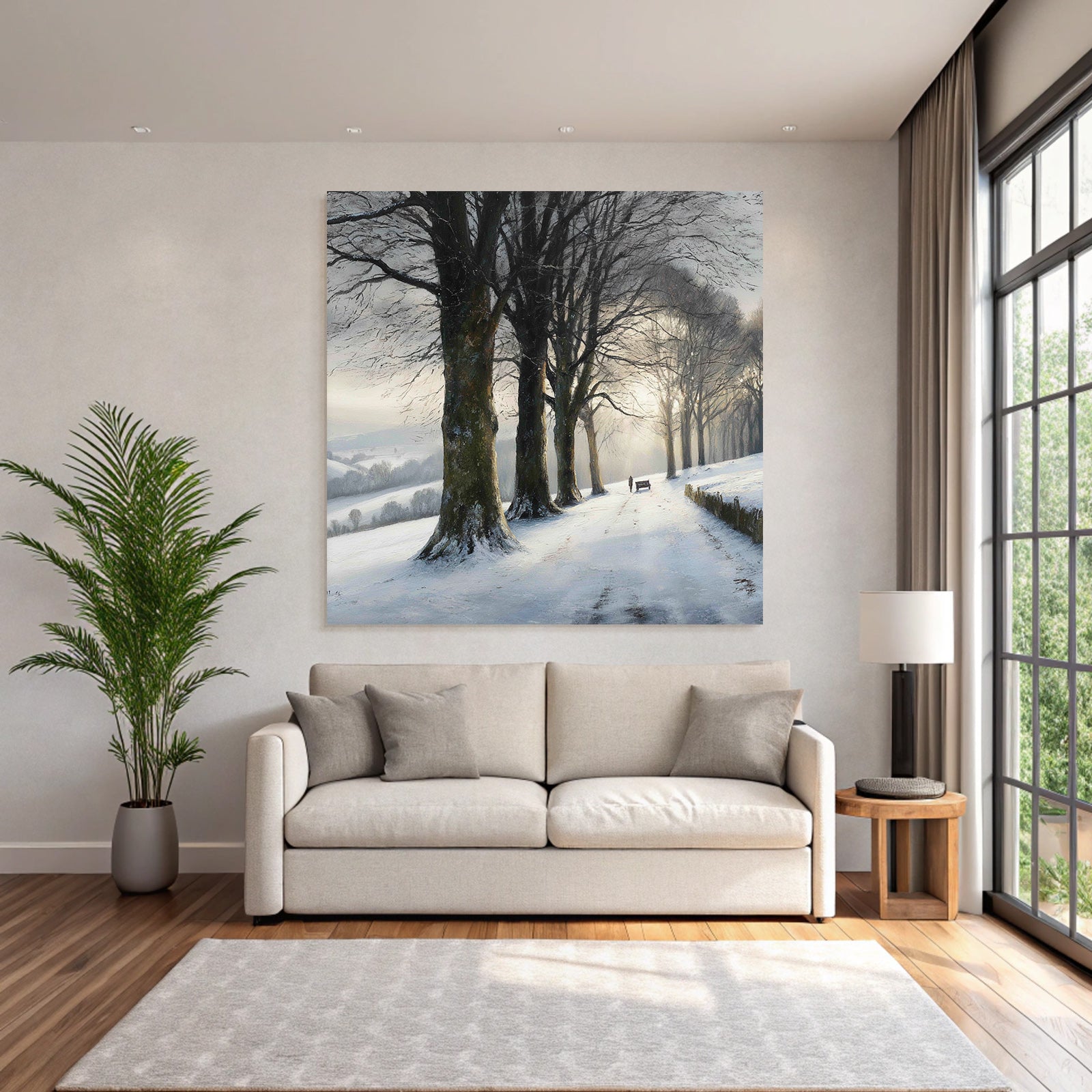 Friedliche Winterlandschaft Verschneiter Weg Mit Bank Und Spaziergänger