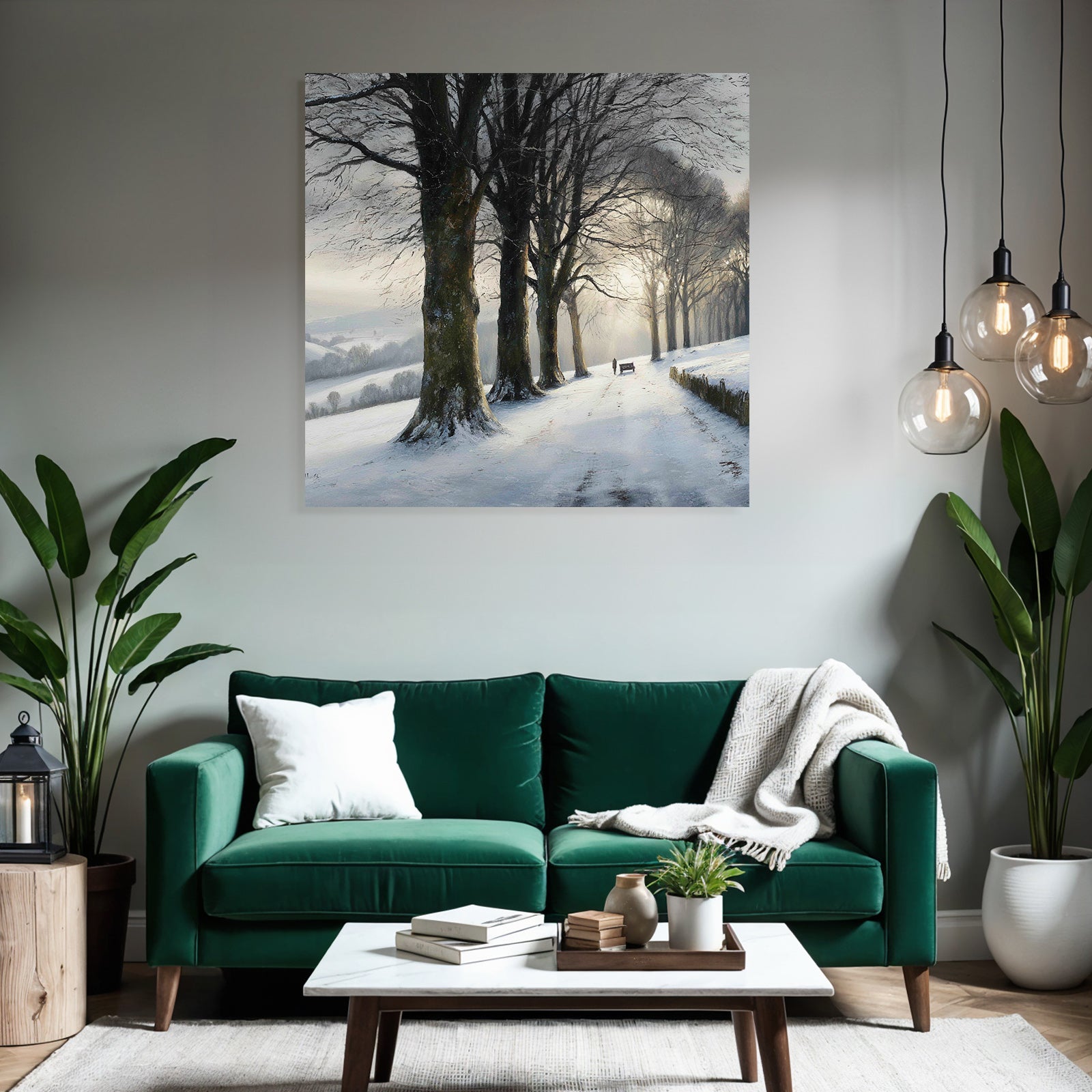 Friedliche Winterlandschaft Verschneiter Weg Mit Bank Und Spaziergänger