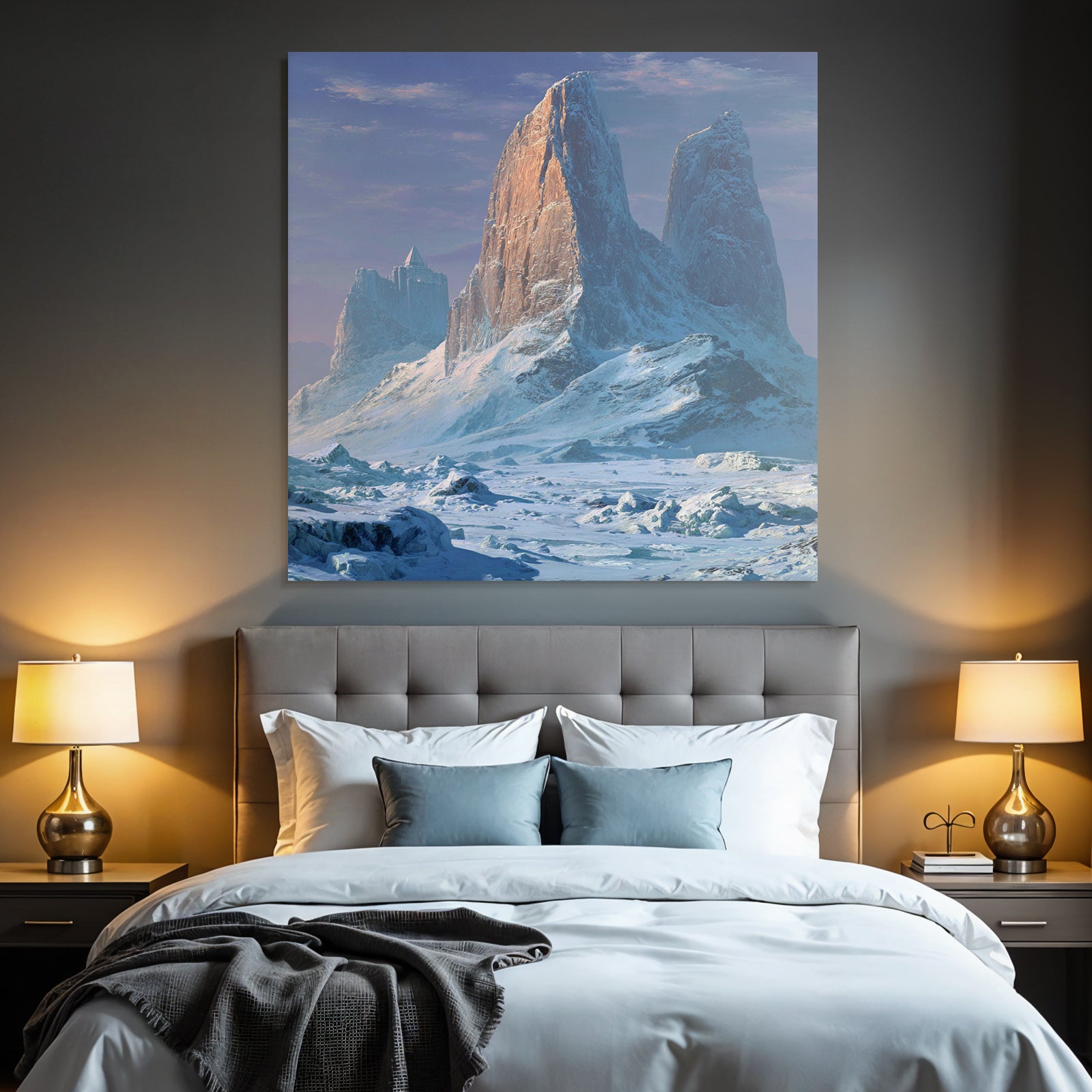 Majestatische Winterlandschaft Mit Schneebedeckten Gipfeln Und Pyramidenartigem Turm