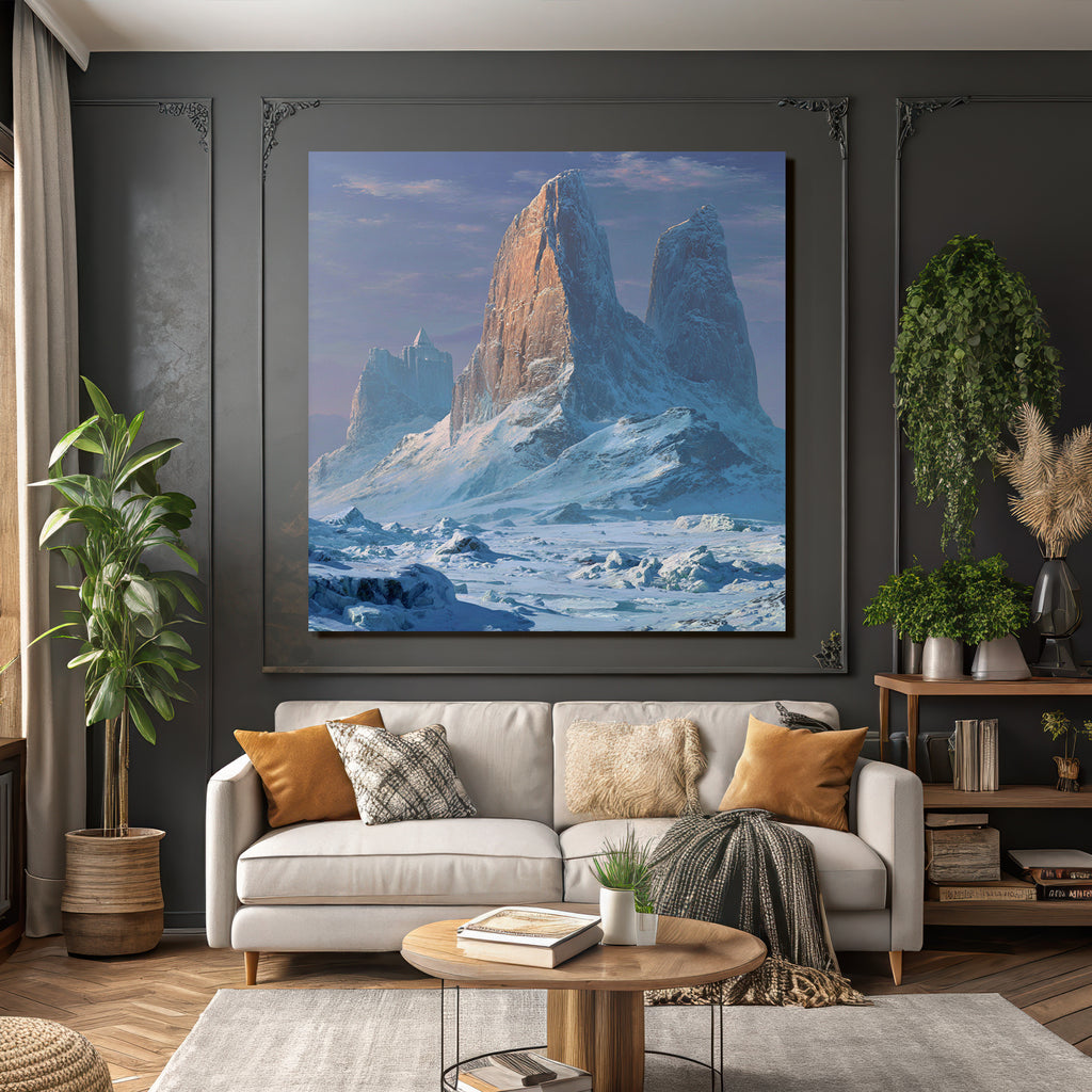 Majestatische Winterlandschaft Mit Schneebedeckten Gipfeln Und Pyramidenartigem Turm