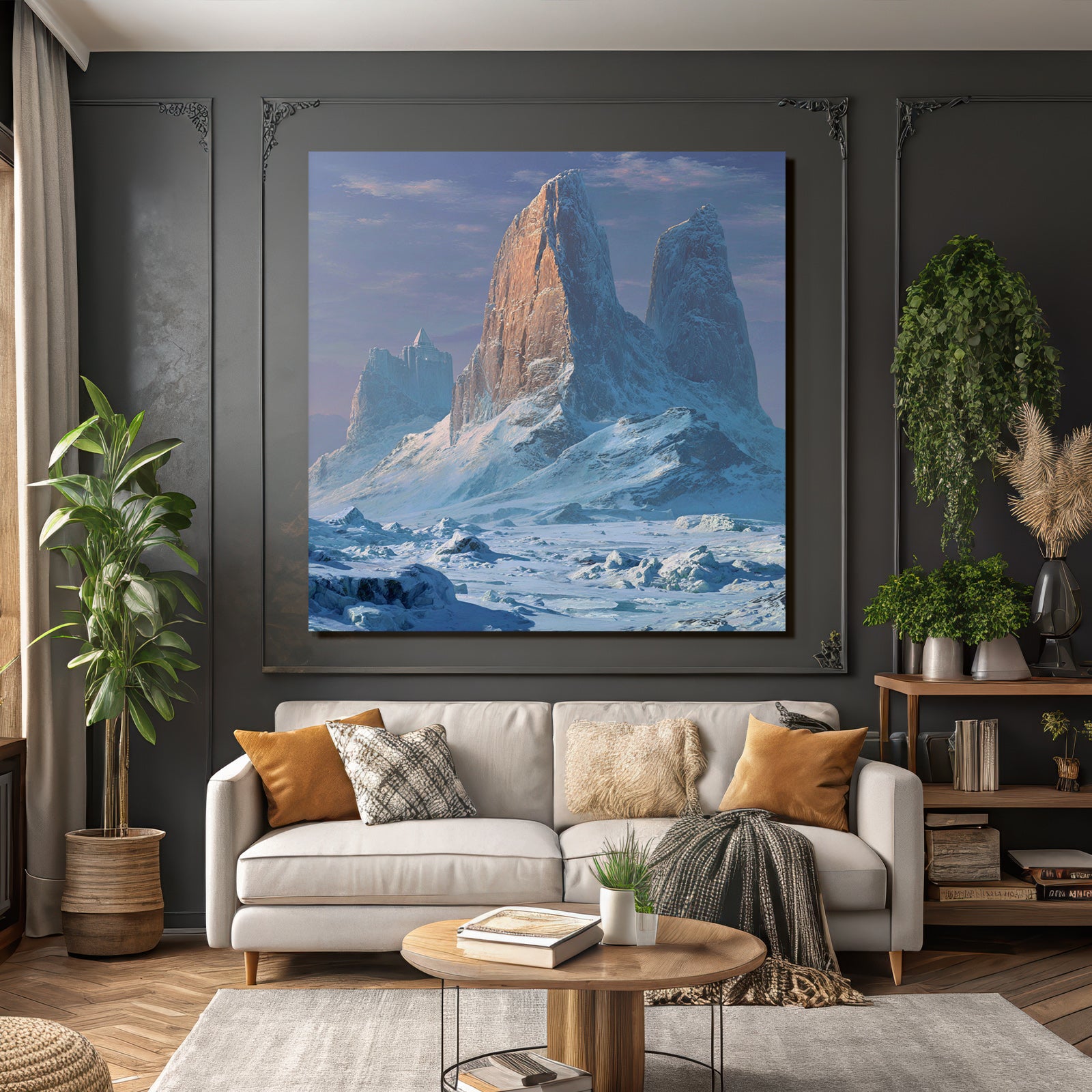 Majestatische Winterlandschaft Mit Schneebedeckten Gipfeln Und Pyramidenartigem Turm