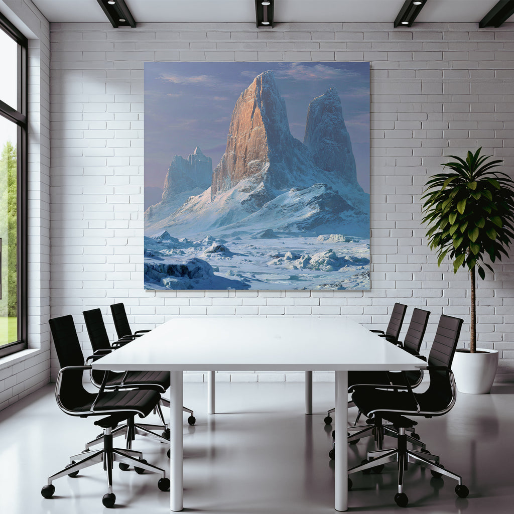 Majestatische Winterlandschaft Mit Schneebedeckten Gipfeln Und Pyramidenartigem Turm