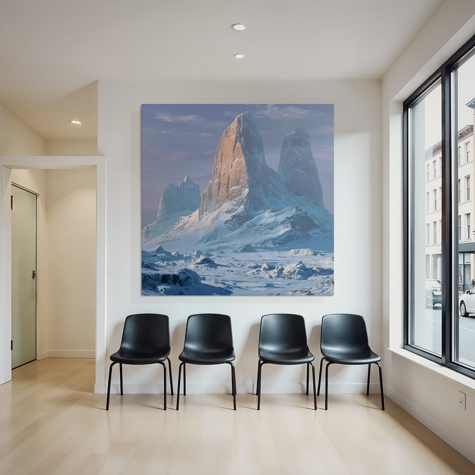 Majestatische Winterlandschaft Mit Schneebedeckten Gipfeln Und Pyramidenartigem Turm