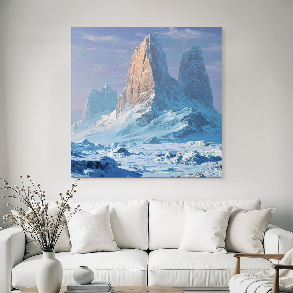 Majestatische Winterlandschaft Mit Schneebedeckten Gipfeln Und Pyramidenartigem Turm
