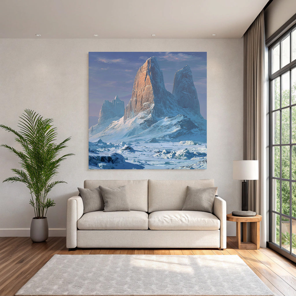 Majestatische Winterlandschaft Mit Schneebedeckten Gipfeln Und Pyramidenartigem Turm