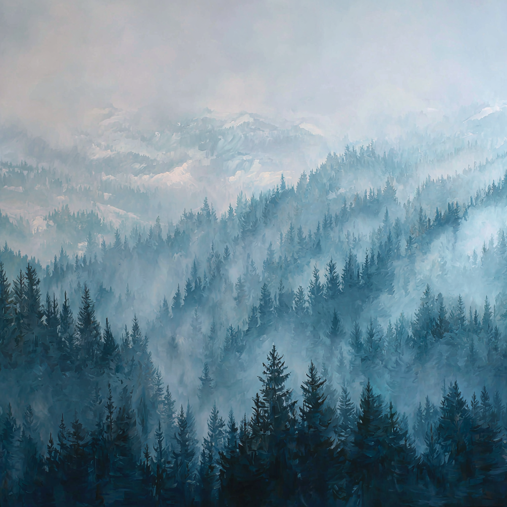Morgennebel Im Nadelwald Und Bergkulisse | Eis und Schnee | Natur