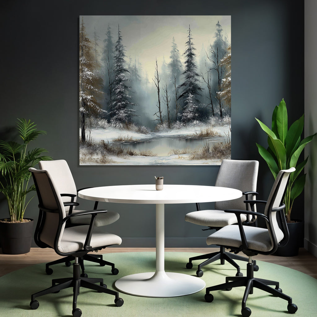 Nebliger Winterwald Und Eisbedeckter See