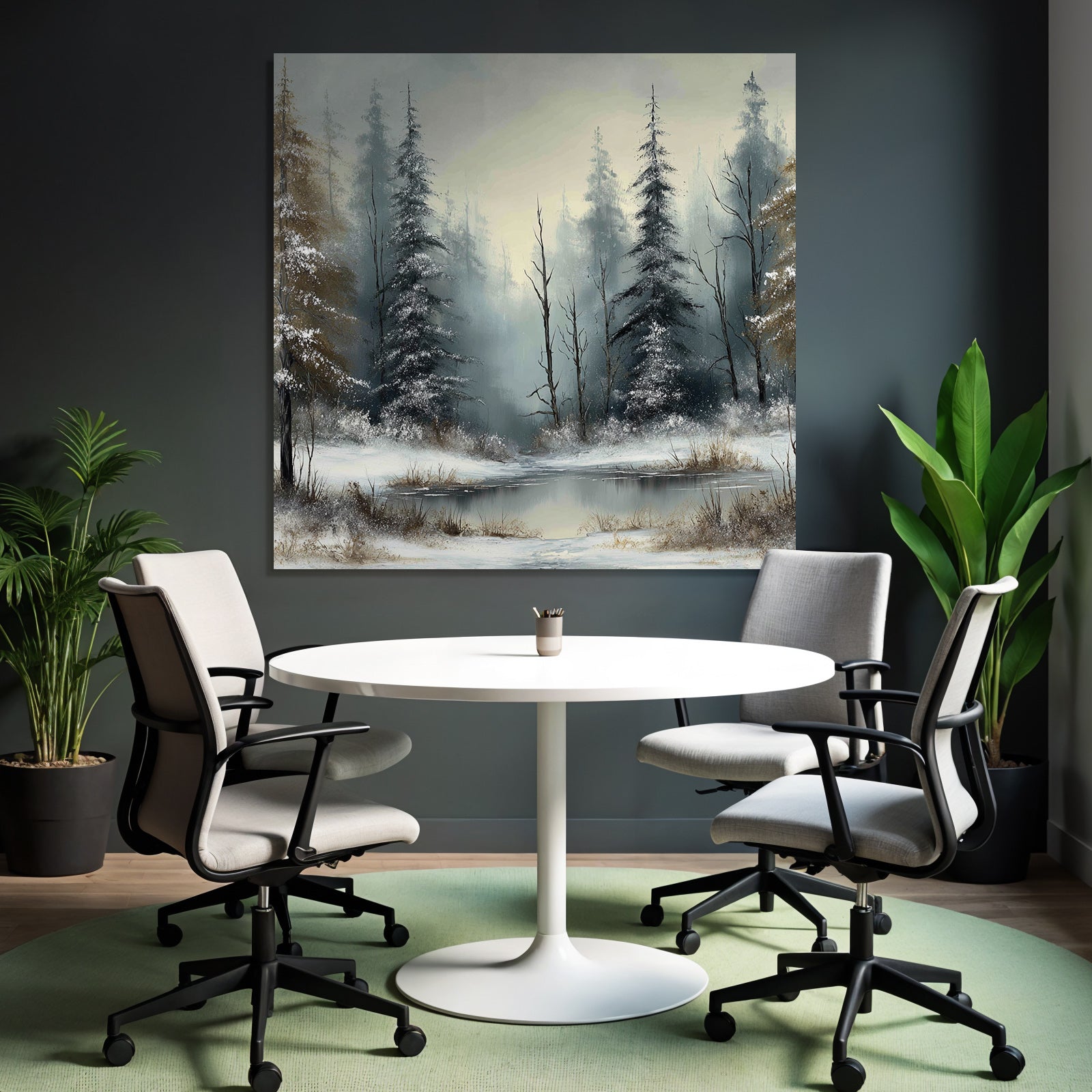 Nebliger Winterwald Und Eisbedeckter See