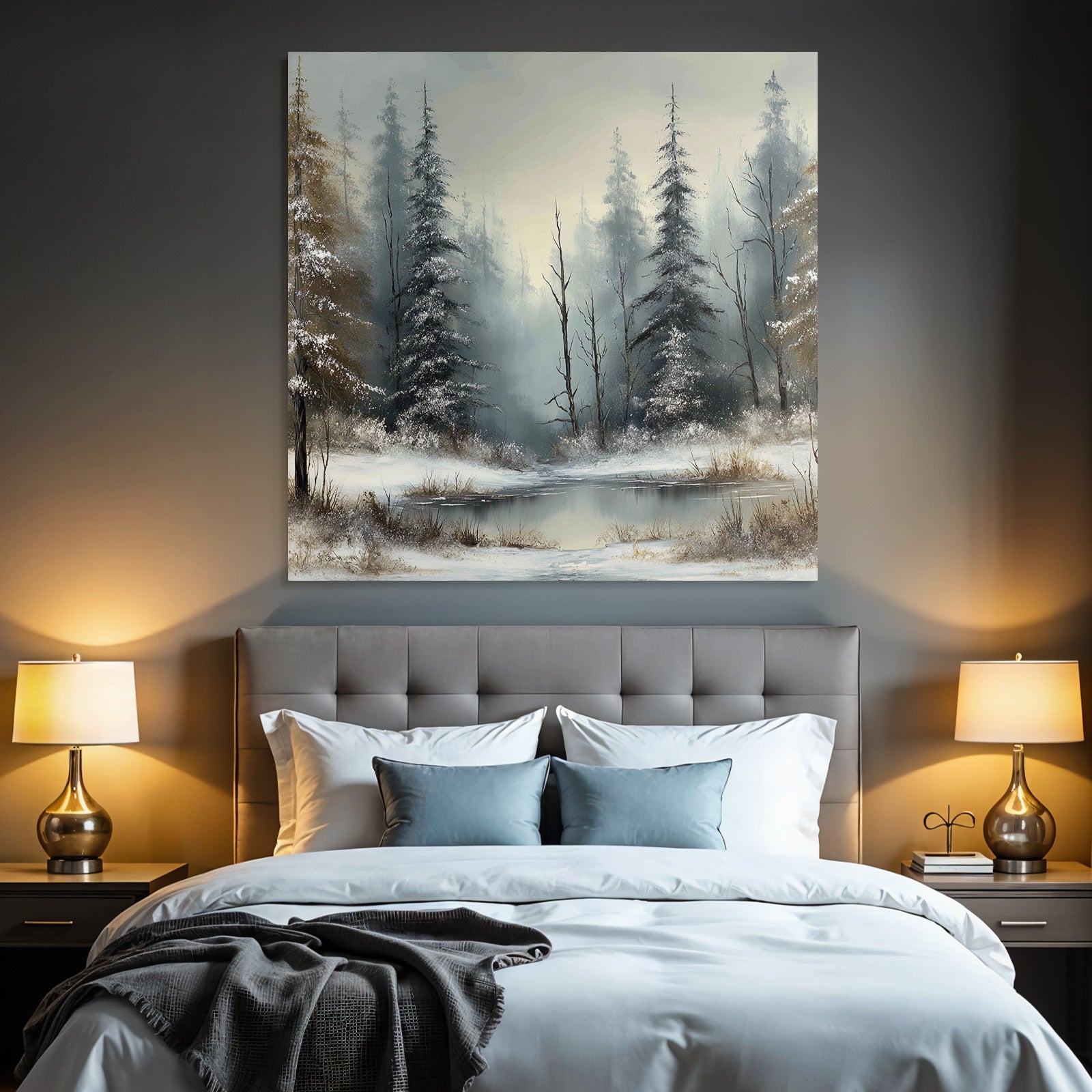 Nebliger Winterwald Und Eisbedeckter See