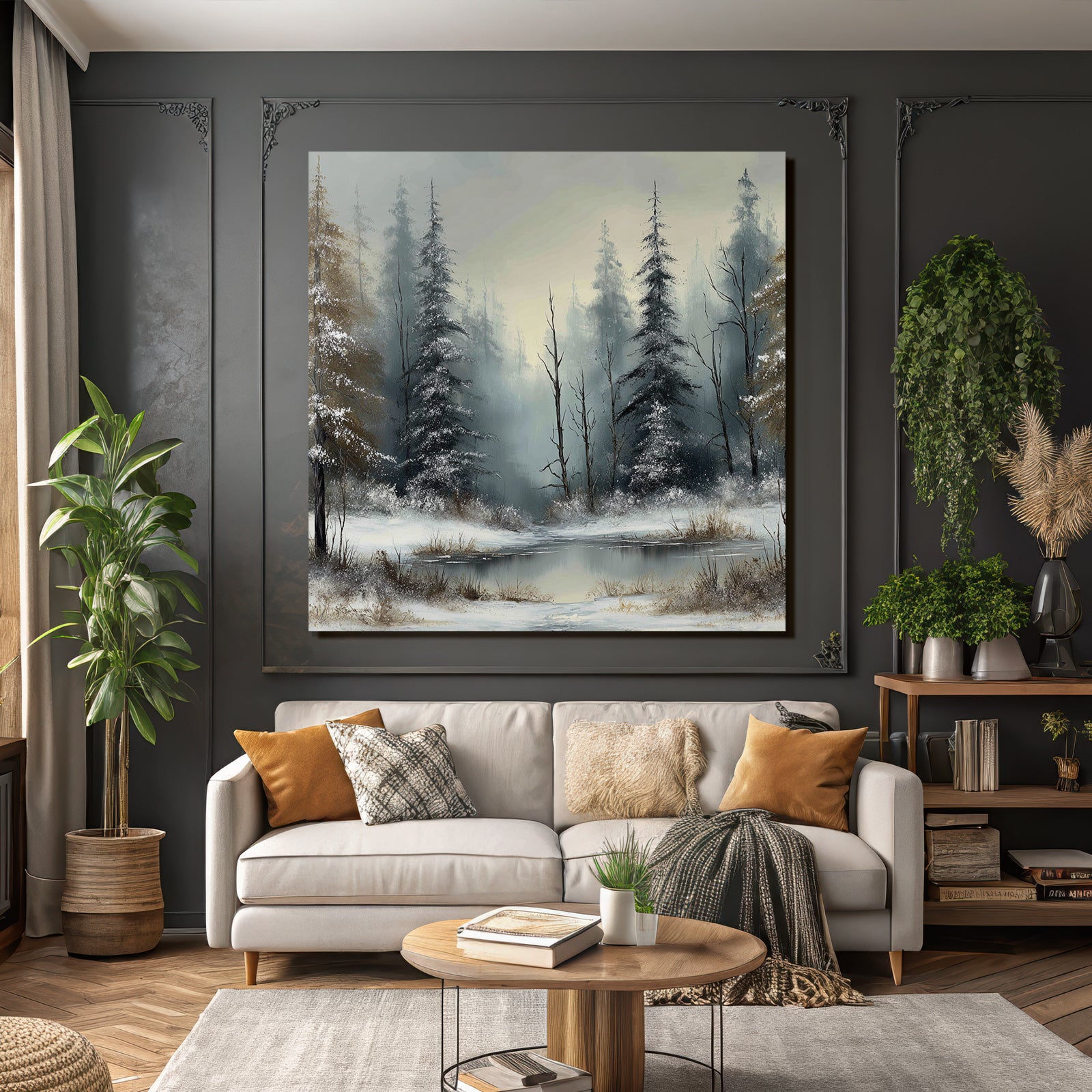 Nebliger Winterwald Und Eisbedeckter See