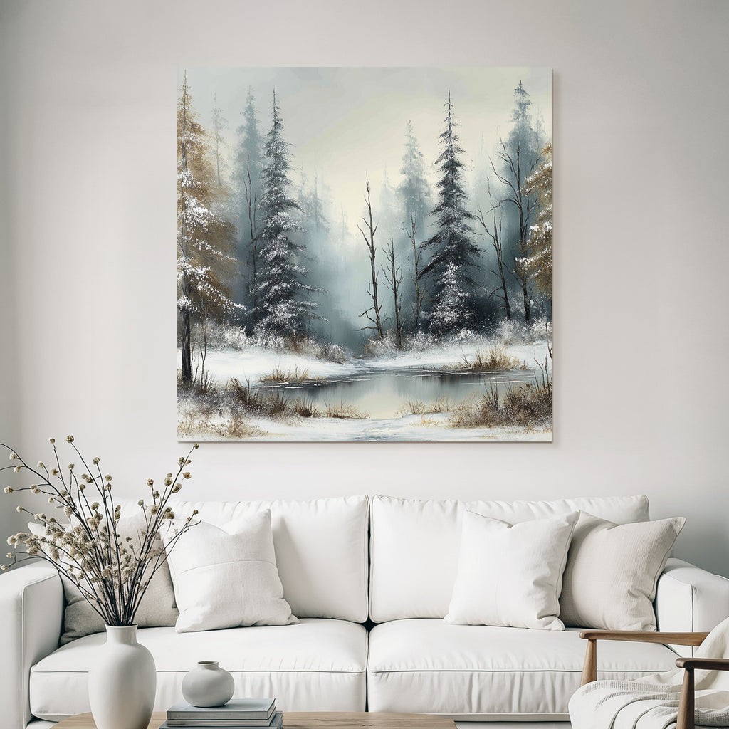 Nebliger Winterwald Und Eisbedeckter See
