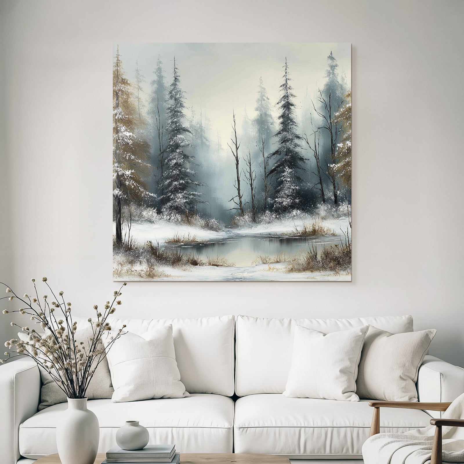 Nebliger Winterwald Und Eisbedeckter See