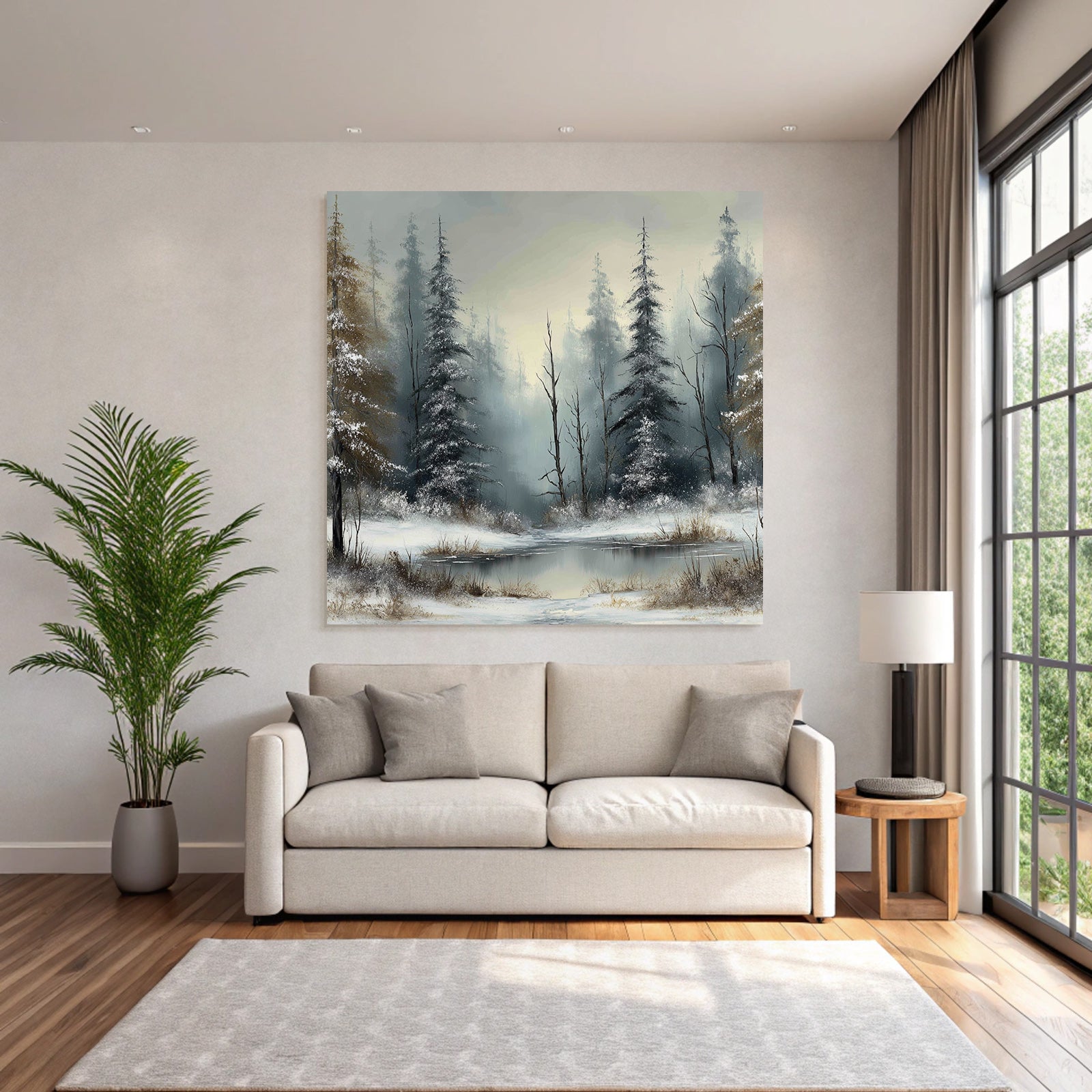 Nebliger Winterwald Und Eisbedeckter See