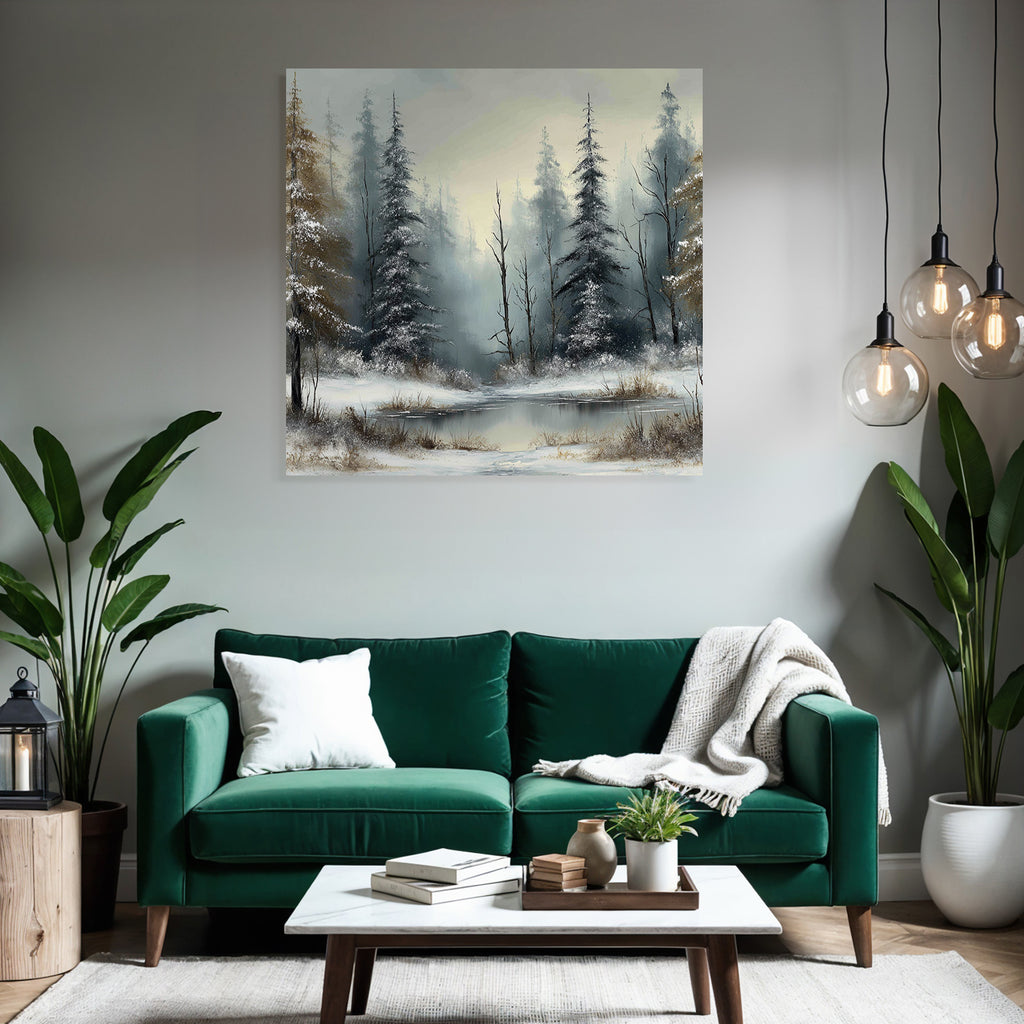 Nebliger Winterwald Und Eisbedeckter See