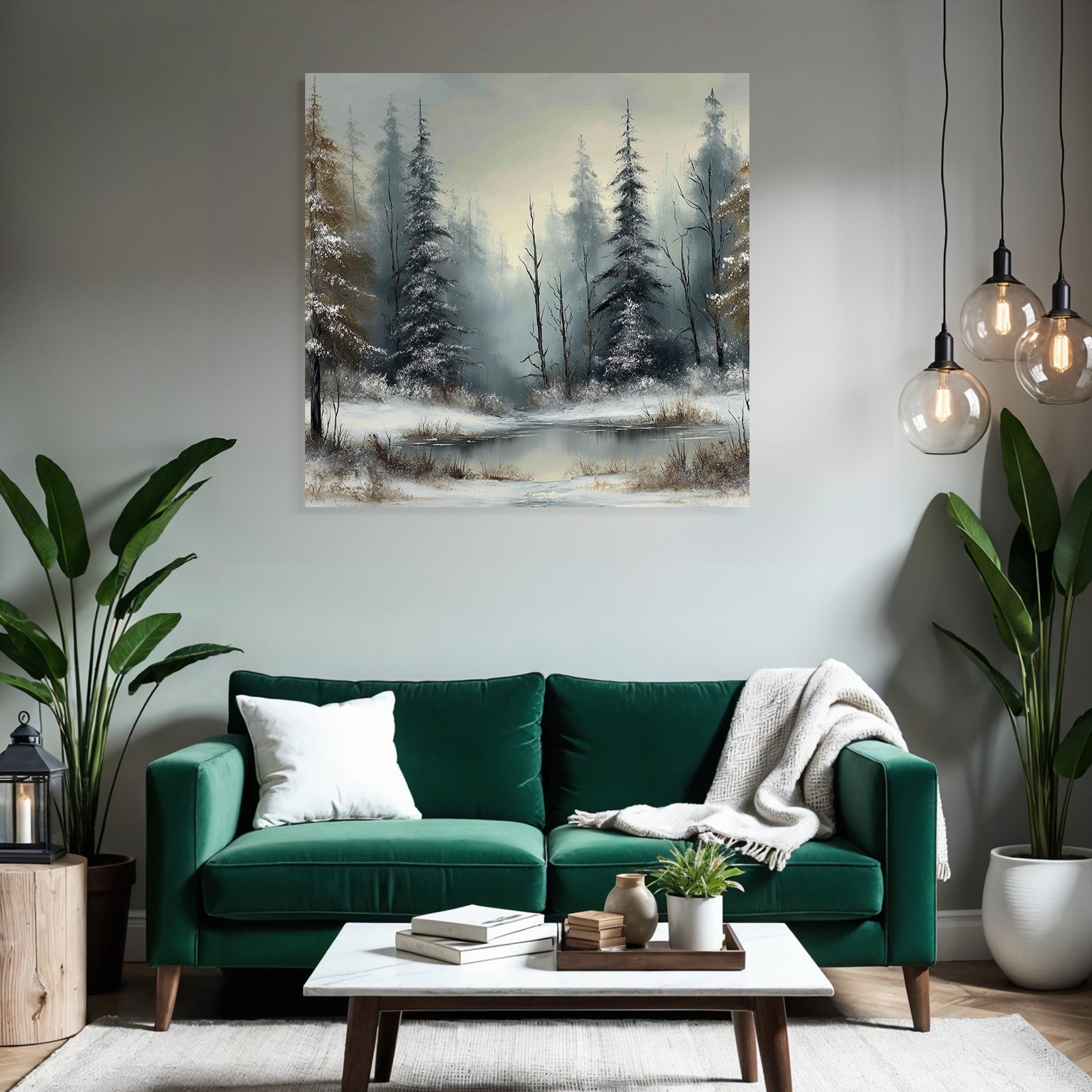 Nebliger Winterwald Und Eisbedeckter See
