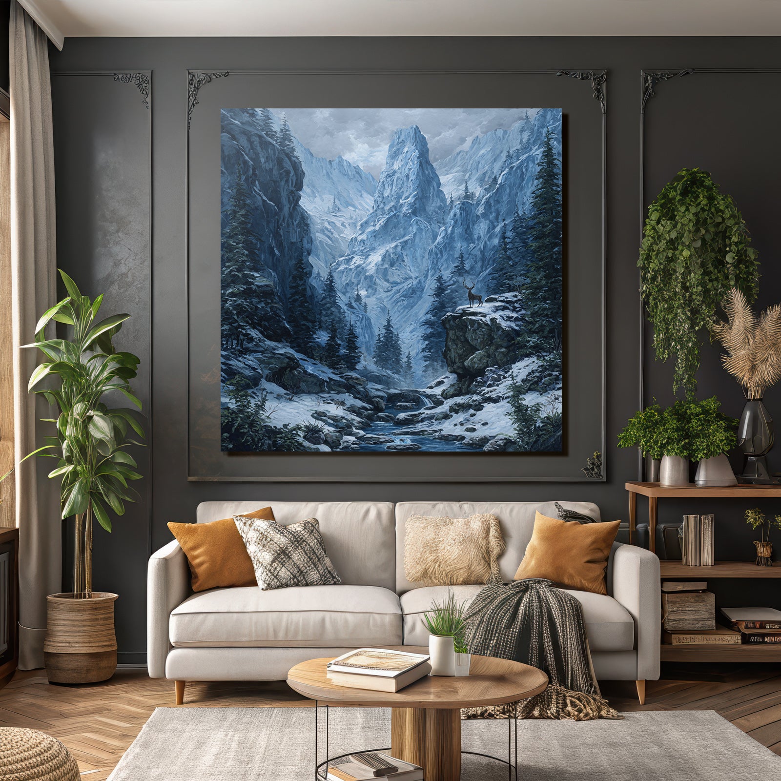 Wilde Und Stille Winterlandschaft Mit Hirsch Am Bach