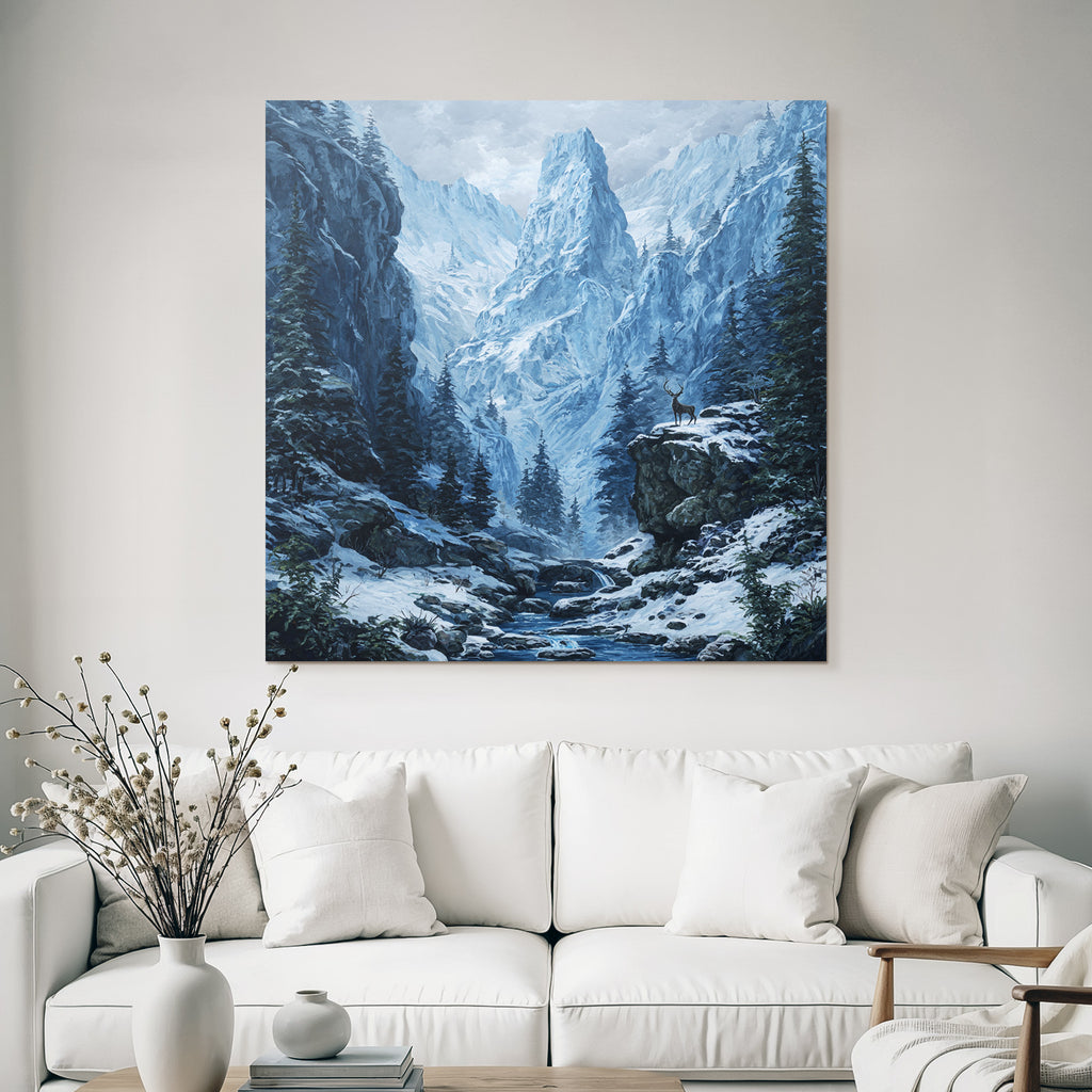 Wilde Und Stille Winterlandschaft Mit Hirsch Am Bach