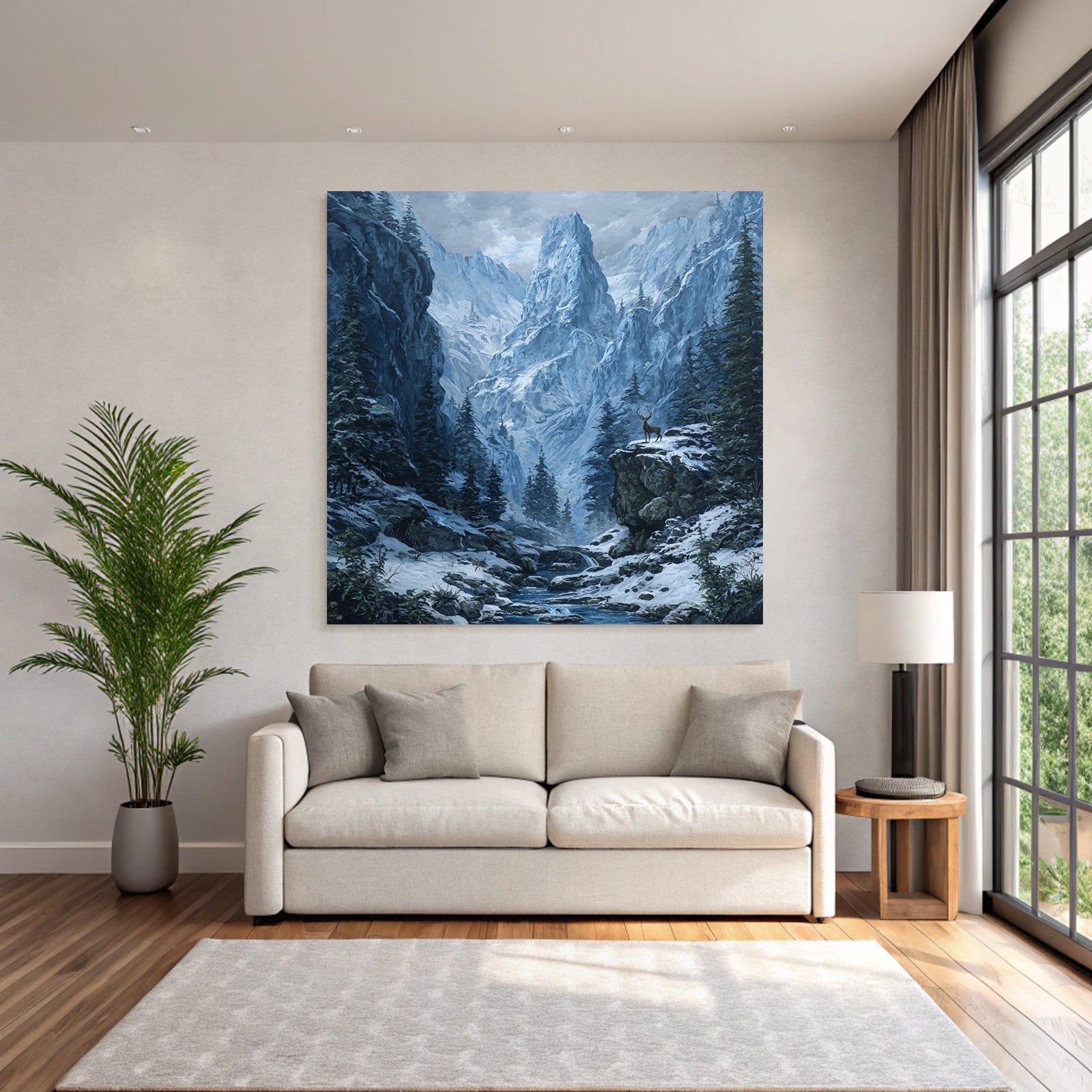 Wilde Und Stille Winterlandschaft Mit Hirsch Am Bach