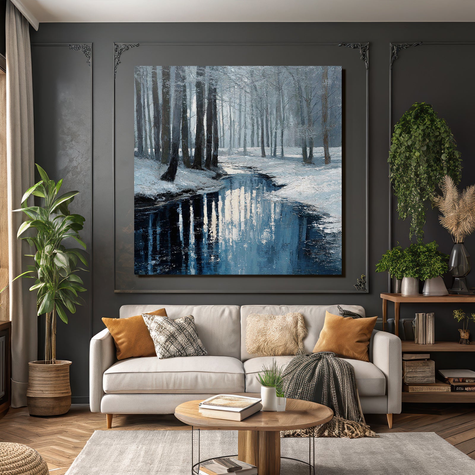 Winterlandschaft Mit Bach Im Schneebedeckten Wald