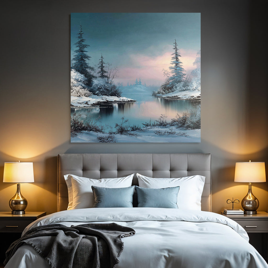 Winterlandschaft Mit Ruhigem See Und Verschneiten Uferbäumen