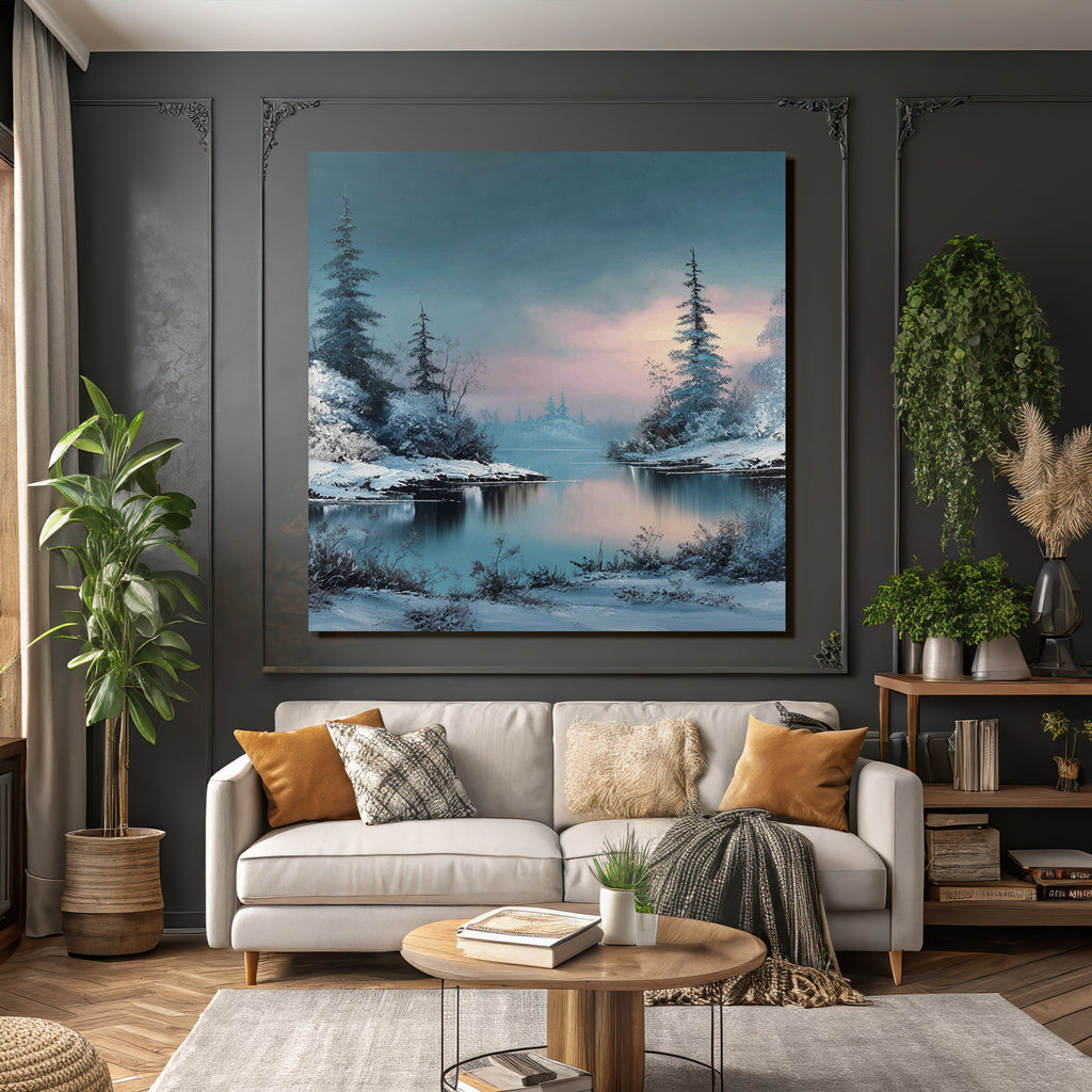 Winterlandschaft Mit Ruhigem See Und Verschneiten Uferbäumen