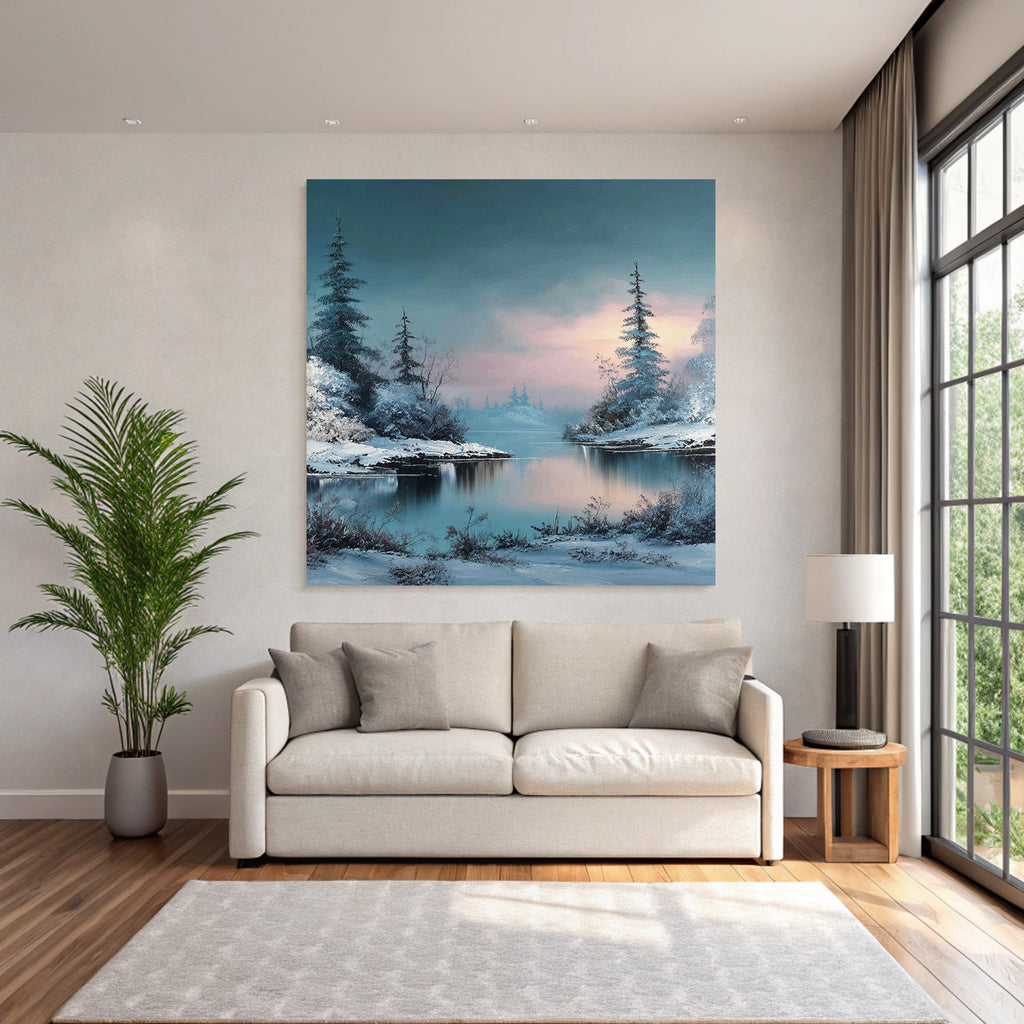 Winterlandschaft Mit Ruhigem See Und Verschneiten Uferbäumen