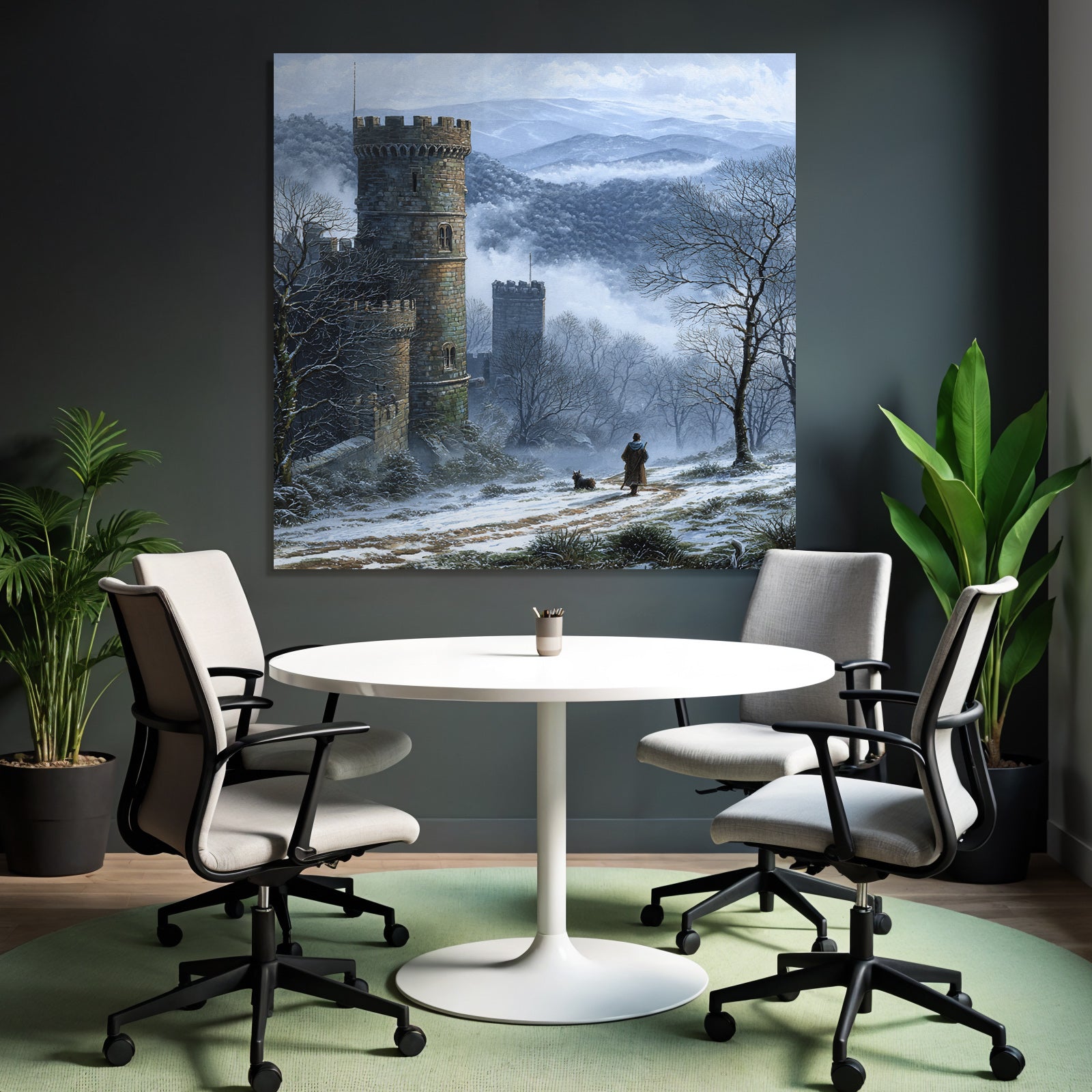 Winterlandschaft Mit Schloss Einem Reisenden Und Seinem Hund