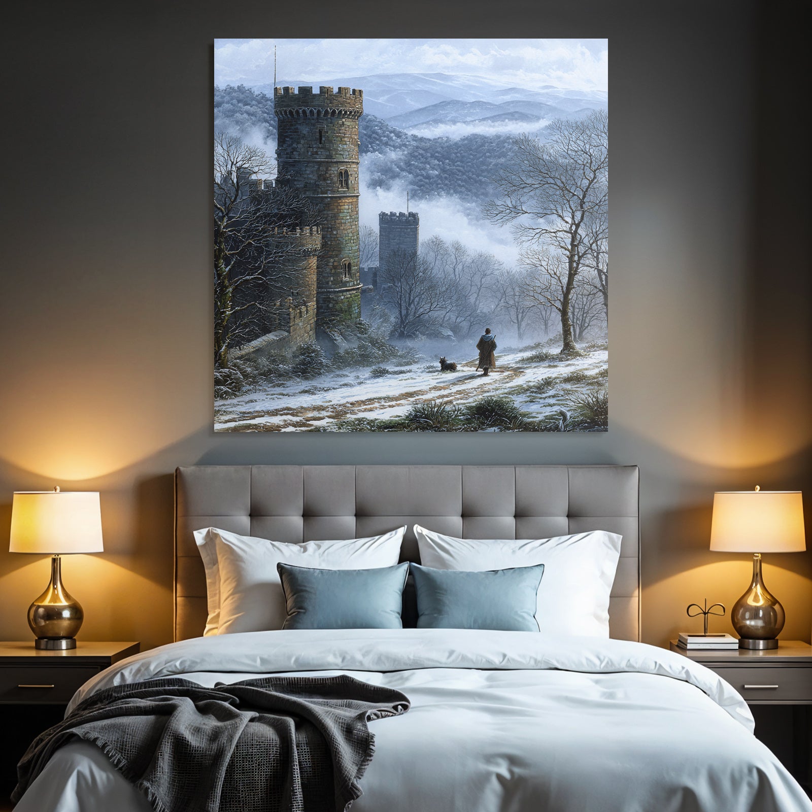 Winterlandschaft Mit Schloss Einem Reisenden Und Seinem Hund