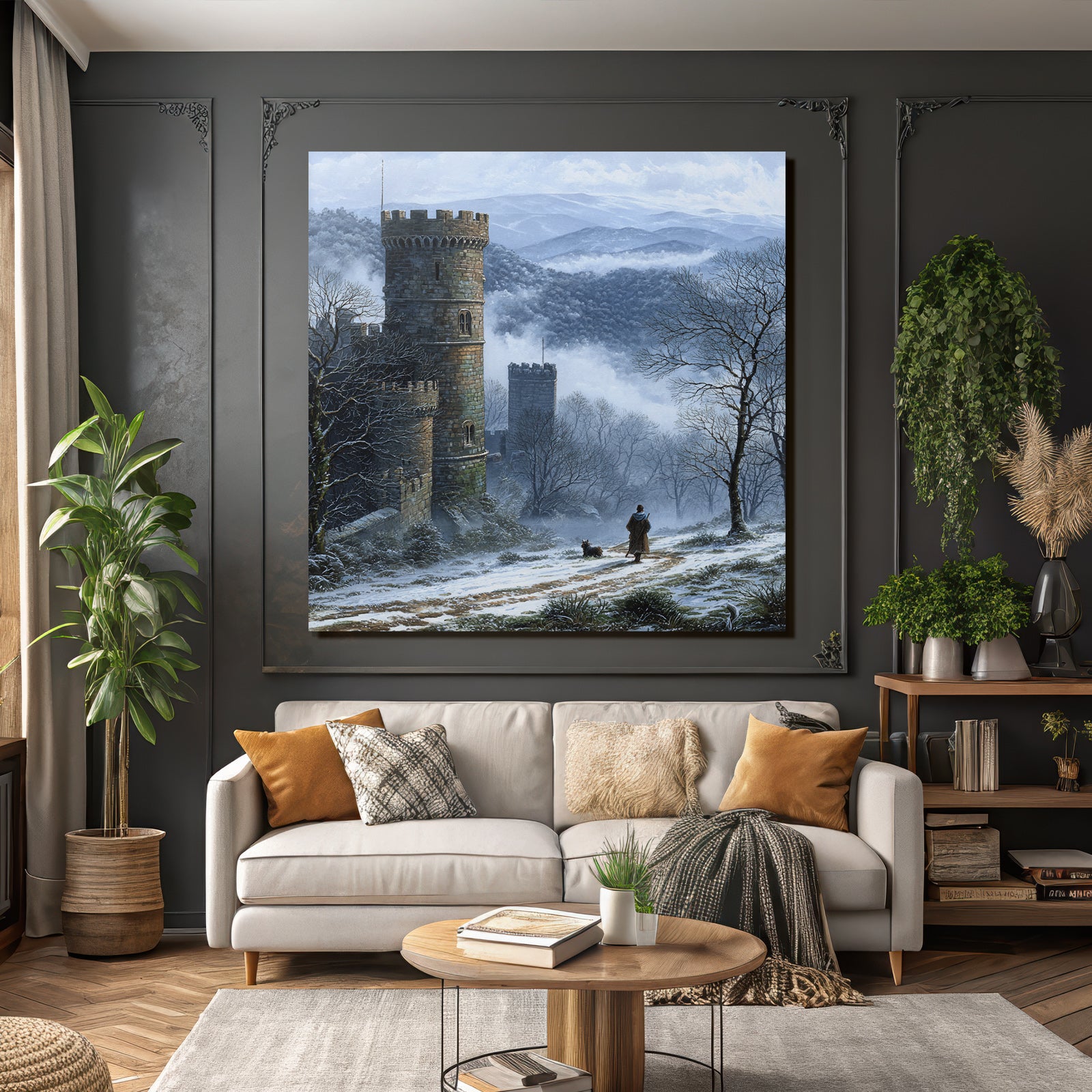 Winterlandschaft Mit Schloss Einem Reisenden Und Seinem Hund