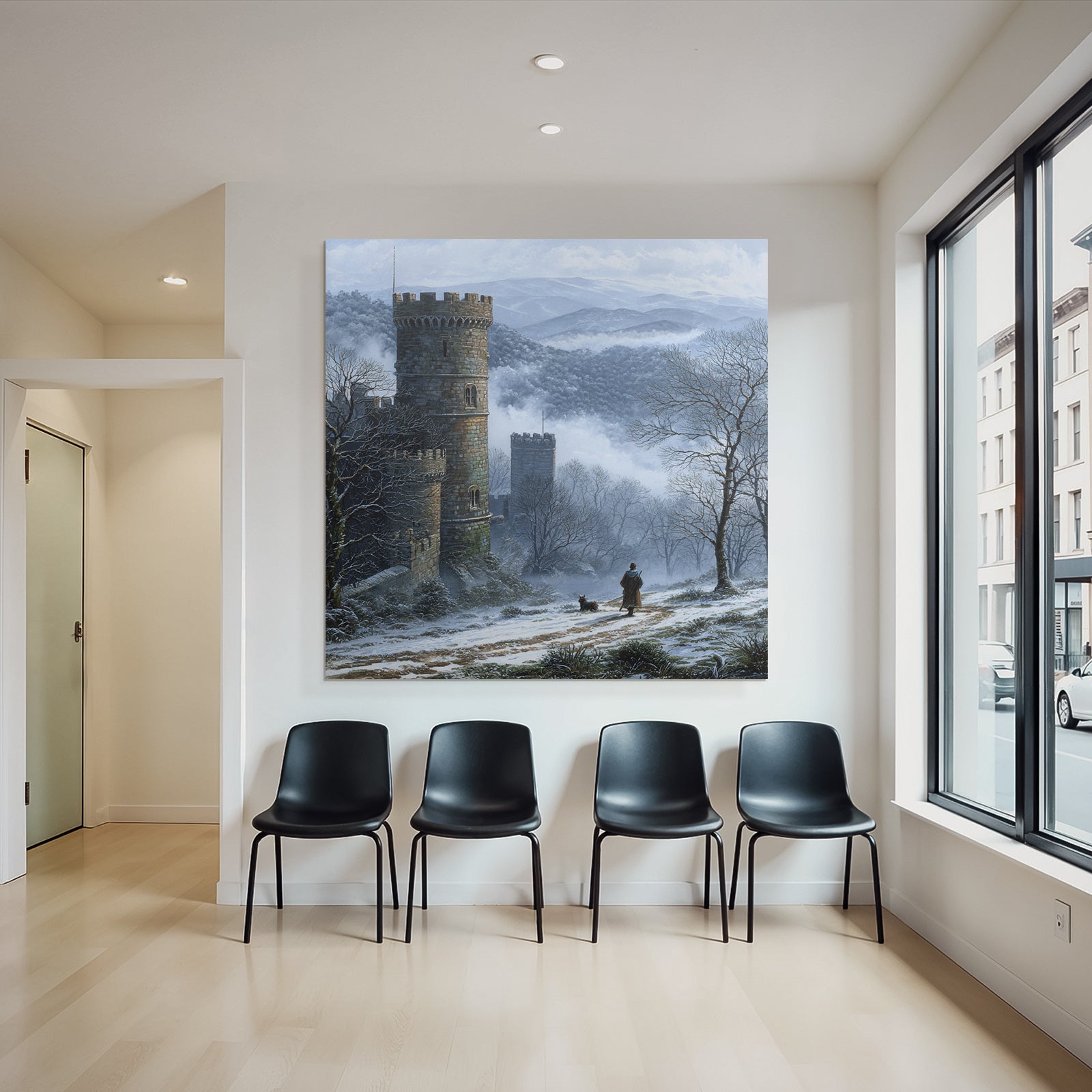 Winterlandschaft Mit Schloss Einem Reisenden Und Seinem Hund