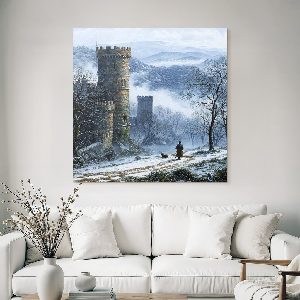 Winterlandschaft Mit Schloss Einem Reisenden Und Seinem Hund