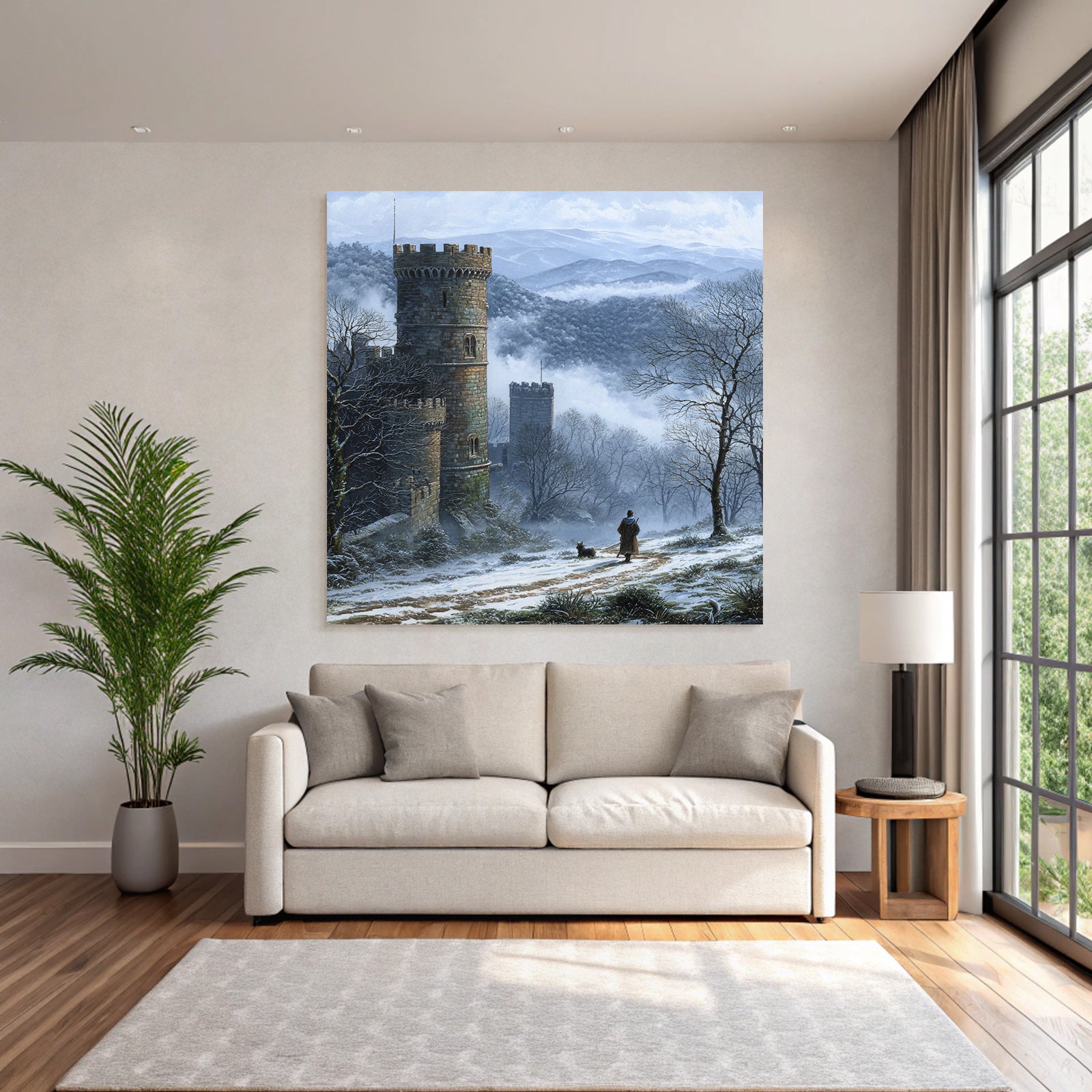 Winterlandschaft Mit Schloss Einem Reisenden Und Seinem Hund