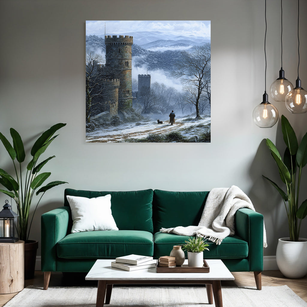 Winterlandschaft Mit Schloss Einem Reisenden Und Seinem Hund