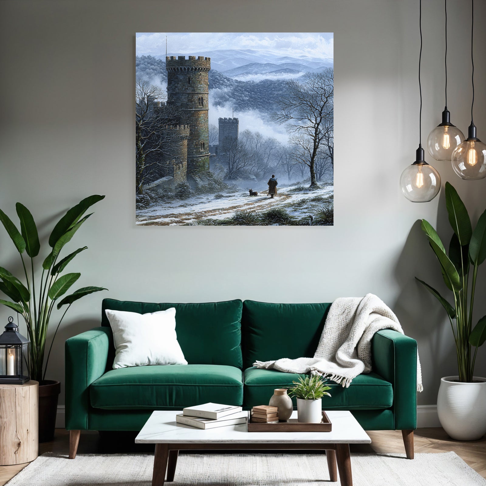 Winterlandschaft Mit Schloss Einem Reisenden Und Seinem Hund