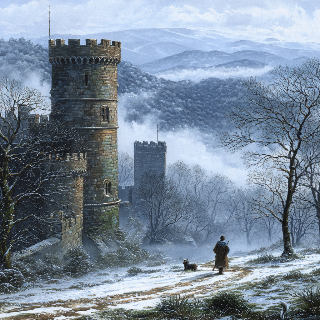 Winterlandschaft Mit Schloss Einem Reisenden Und Seinem Hund | Eis und Schnee | Natur