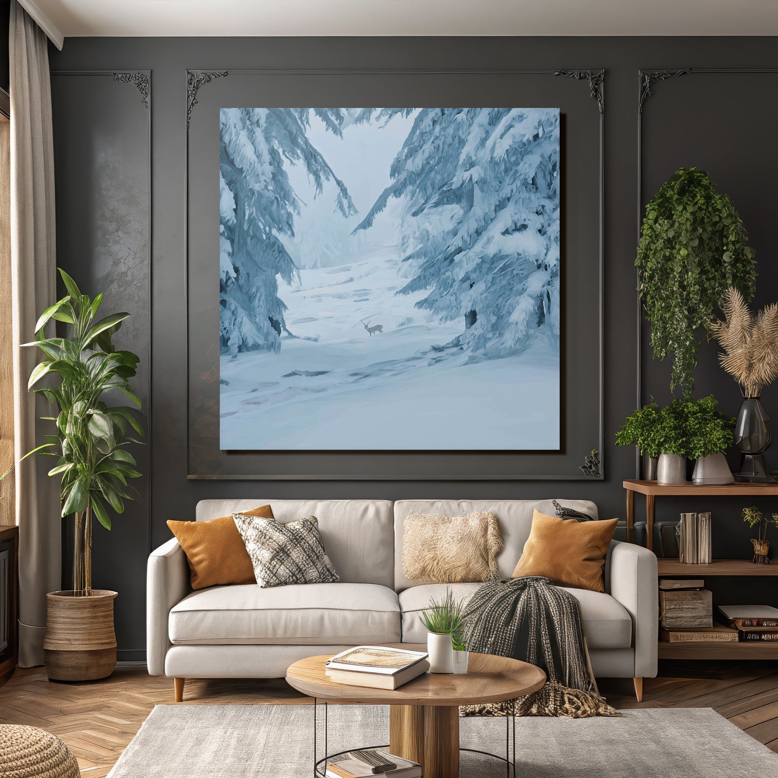 Winterlandschaft Mit Schneebedeckten Bäumen Und Reh