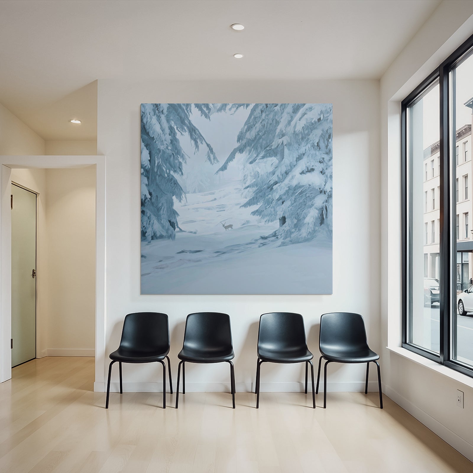 Winterlandschaft Mit Schneebedeckten Bäumen Und Reh