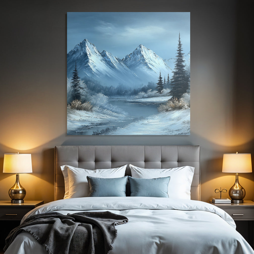 Winterlandschaft Mit Schneebedeckten Bergen Und Einem Ruhigen Fluss