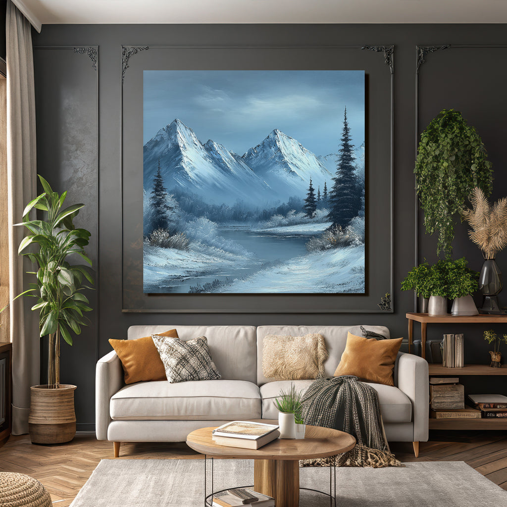 Winterlandschaft Mit Schneebedeckten Bergen Und Einem Ruhigen Fluss