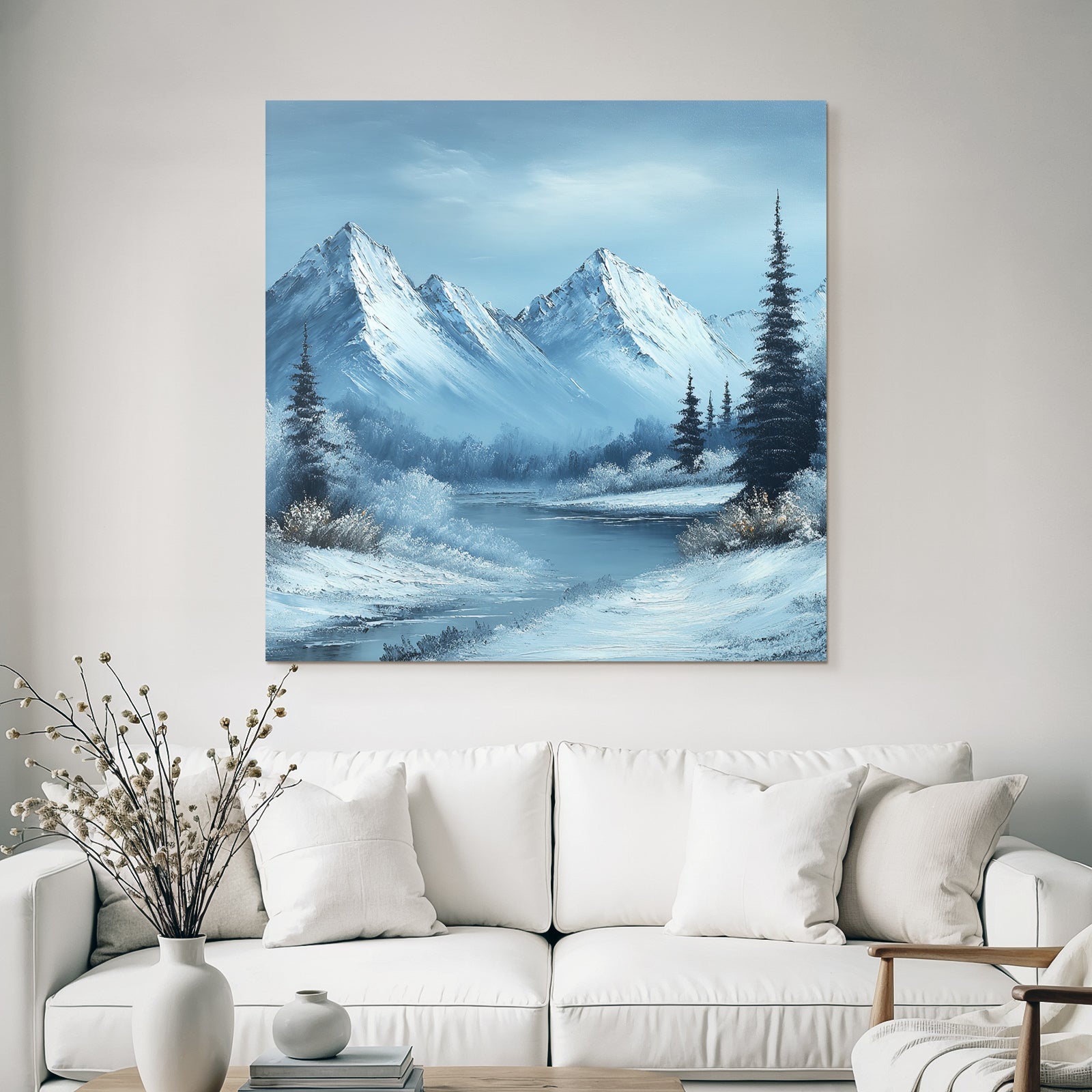 Winterlandschaft Mit Schneebedeckten Bergen Und Einem Ruhigen Fluss