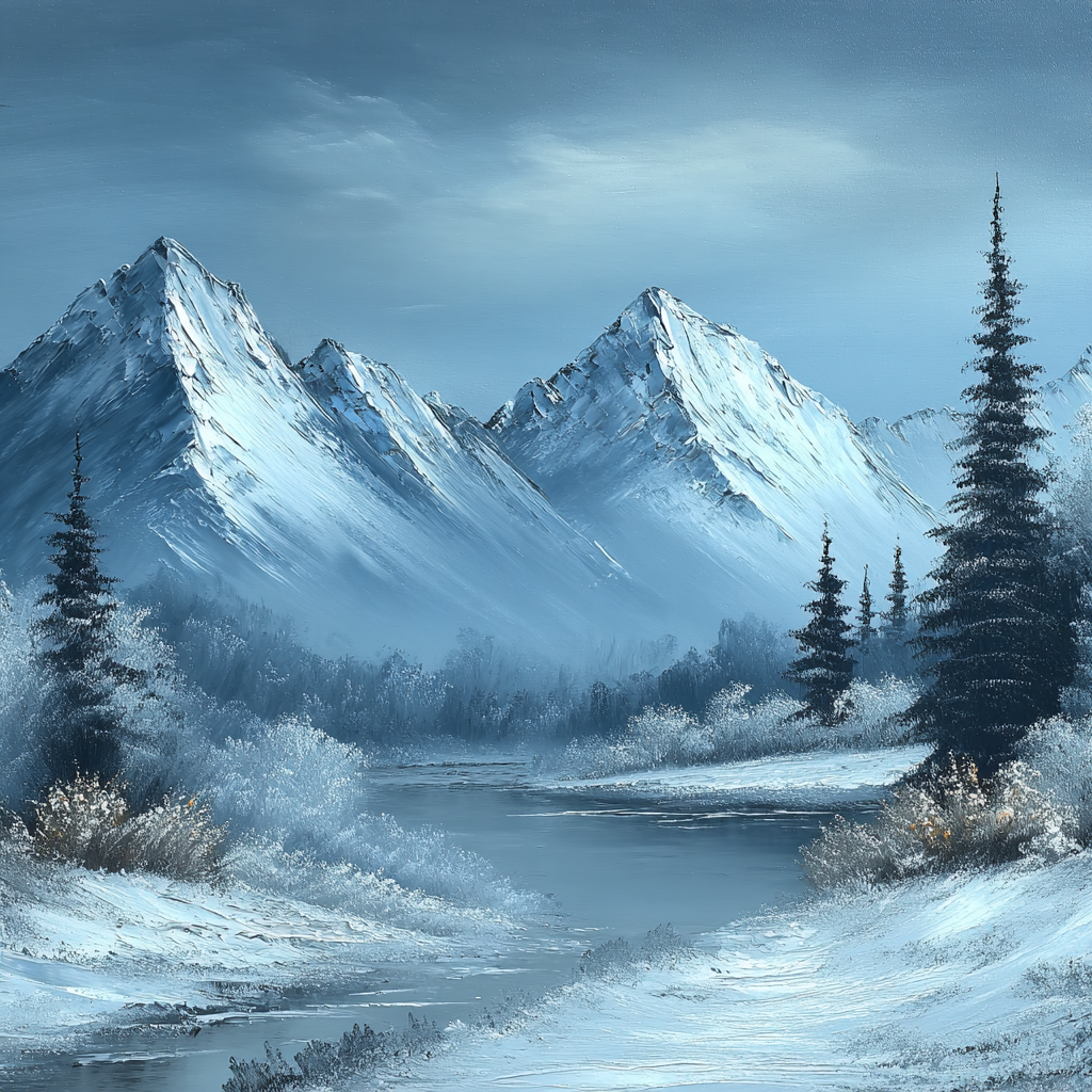 Winterlandschaft Mit Schneebedeckten Bergen Und Einem Ruhigen Fluss | Eis und Schnee | Natur