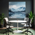 Winterlandschaft Mit Schneebedeckten Bergen Und Immergrünen Bäumen Am Ruhigen Wasser